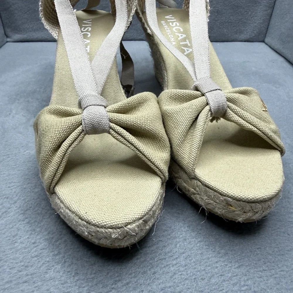 Viscata Barcelona Rosas Canvas Espadrille Wedges EU 41 US 10 Beige Ankle Tie